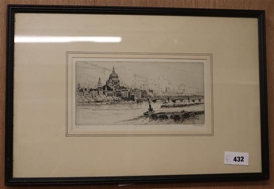 Herbert George Hampton (1873-1936), etching, St Pauls from The Thames, signed in pencil, 13 x 26cm